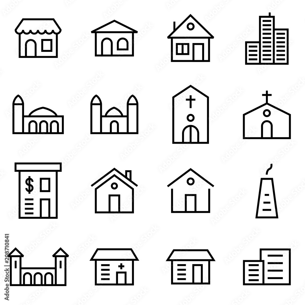Building icon set lined simple flat style illustration