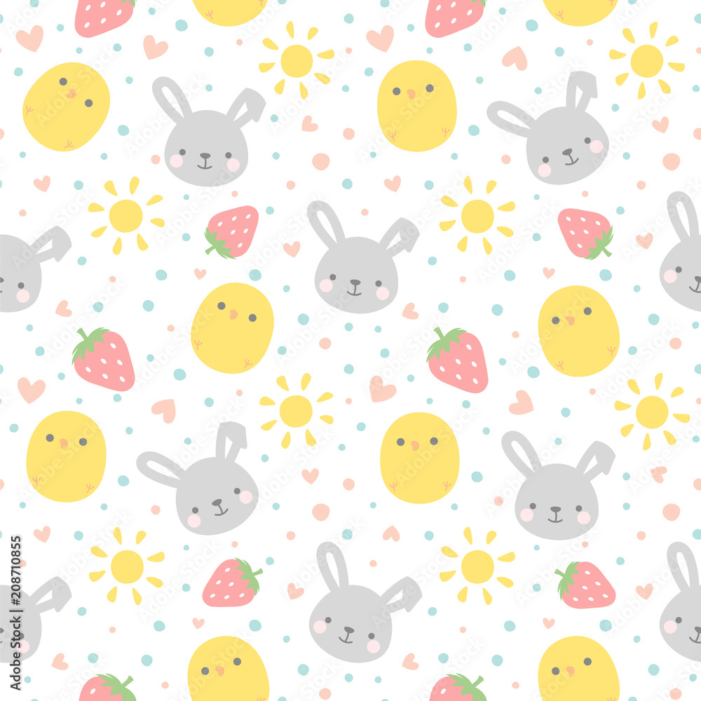 Cartoon Bunny and Cute Chick Seamless Pattern, Easter or Kid Vector Illustration Background with Strawberry