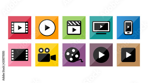 ビデオ動画再生ボタンのアイコンイラスト赤青黄色カラー複数セット