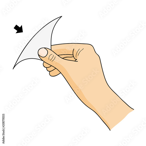 Open here colored icon. A hand removing a label from the product. Vector sticker.