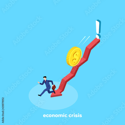 a man in a business suit runs down the arrow from a coin rolling on top, an isometric image
