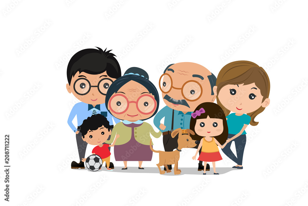 Big family happy together. smiling family portrait. Mother, father daughter, son, grandparents. Vector illustration of a flat design. Big family happy together. smiling family portrait. Mother, father daughter, son, grandparents. Vector illustration of a flat design.
