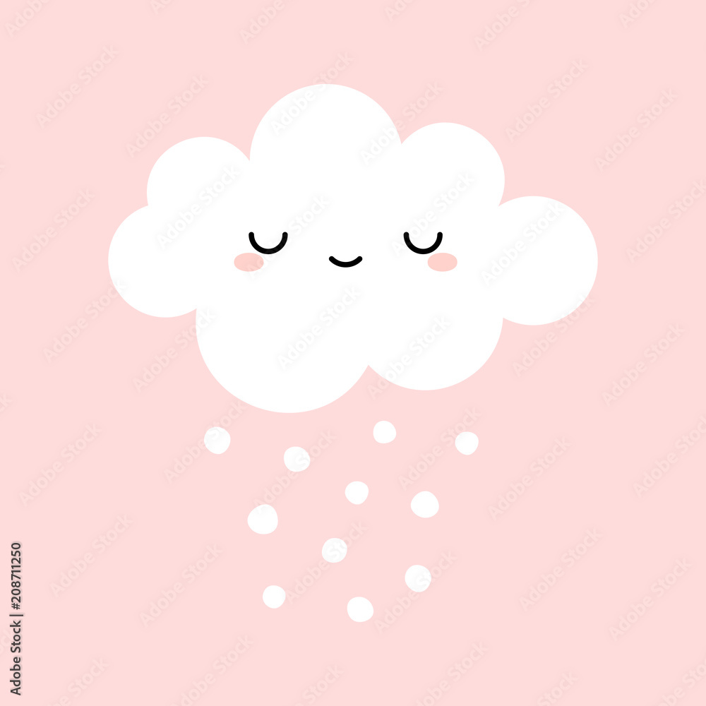 Cute Happy Cloud with Rain Drops, Print or Icon Vector Illustration