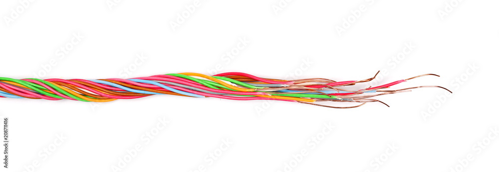 Telecommunication network cables isolated on white background, with clipping path, top view