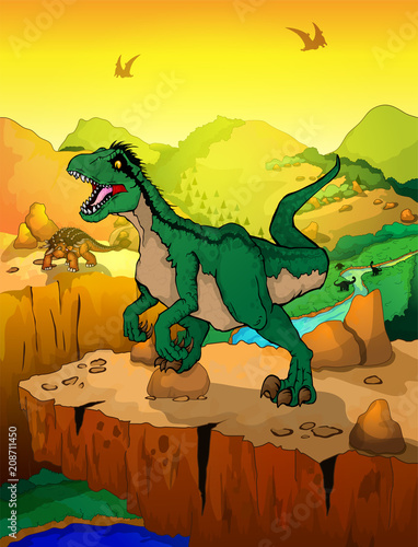 Velociraptor with landscape background. Vector illustration of a cartoon dinosaurs.