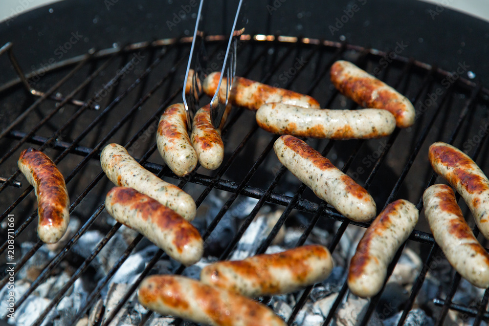 Grilled Sausages on  Barbeque Grill. Selective Focus
