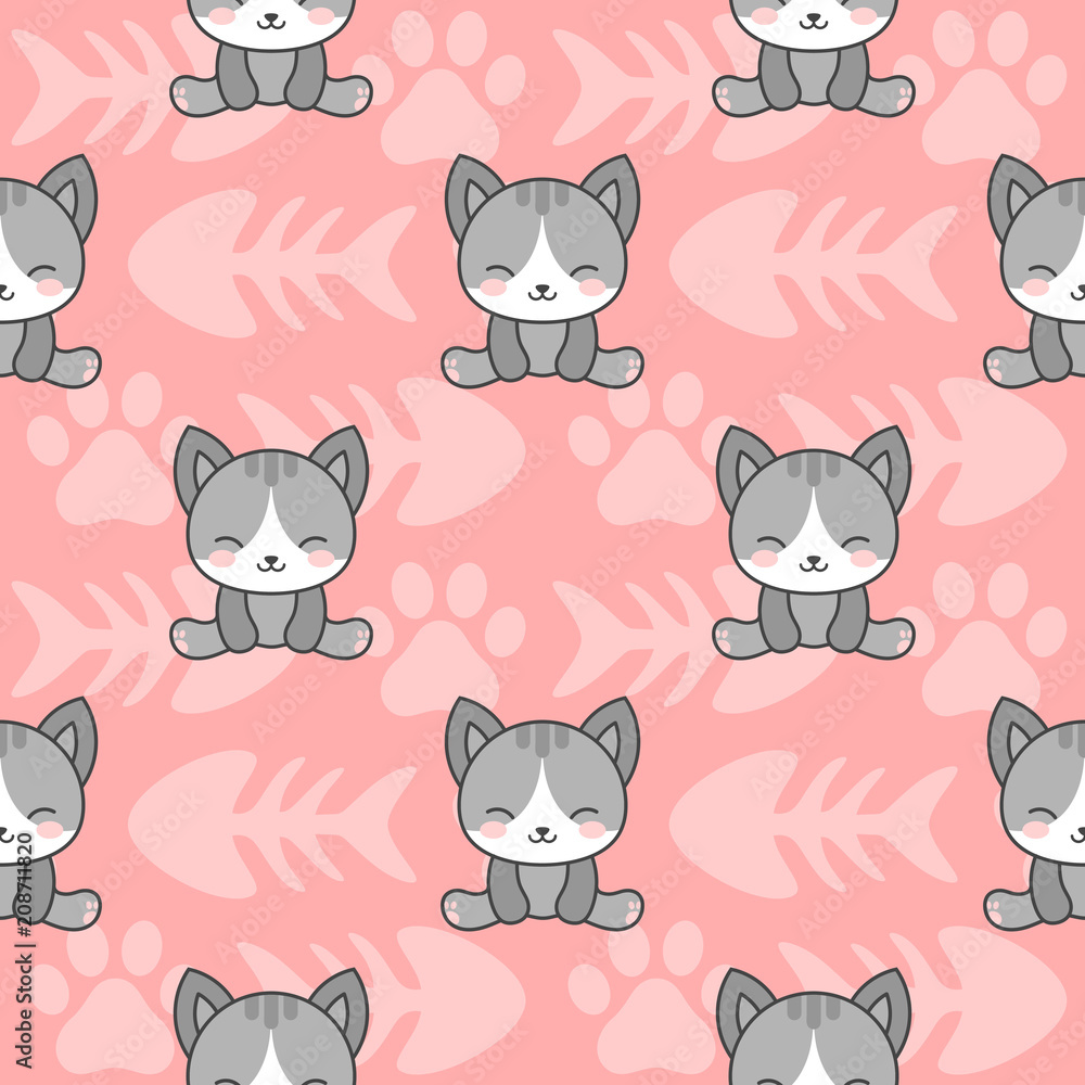 Cute Cats with Kitten Paw Seamless Pattern, Cartoon Animals Background, Vector Illustration