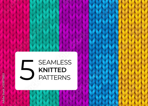 Set of seamless knitted patterns in bright modern colors. Colorful realistic knitted textures for the background of the site, postcards, wallpapers, invitations, banners. Vector illustration.