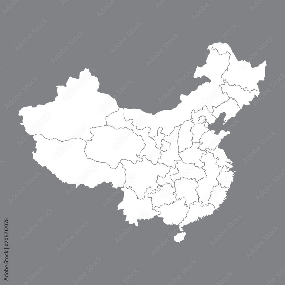 Blank map China. Map of China with the provinces. High quality map of China on gray background. Stock vector. Vector illustration EPS10. Blank map China. Map of China with the provinces. High quality map of China on gray background. Stock vector. Vector illustration EPS10.