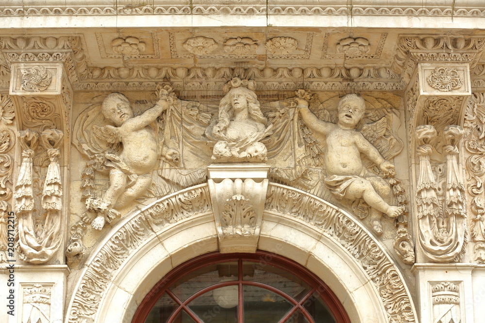 Obraz premium Close-up on the entrance of the Town Hall with details of sculptures in Swanage, Isle of Purbeck, Dorset, UK