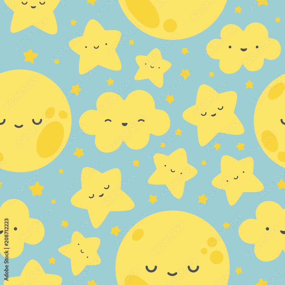 Cloud, Moon and Stars Cute Seamless Pattern, Cartoon Vector Illustration Background