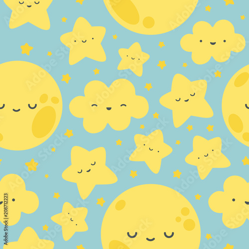 Cloud  Moon and Stars Cute Seamless Pattern  Cartoon Vector Illustration Background