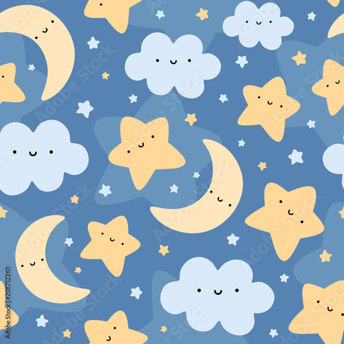 Cloud, Moon and Stars Cute Seamless Pattern, Cartoon Vector Illustration Night Sky Background