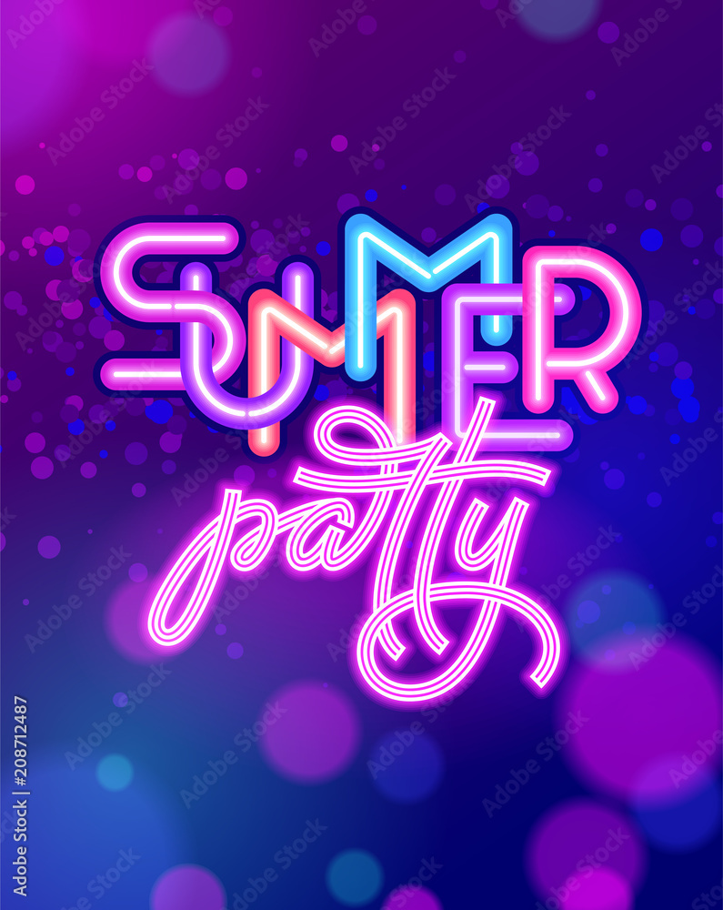 Summer party lettering on ultraviolet neon glow background. Neon sign ...