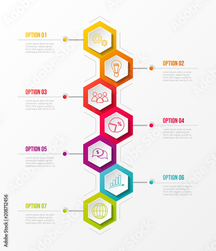 Template of infographic with colourful hexagonal icons. Vector.