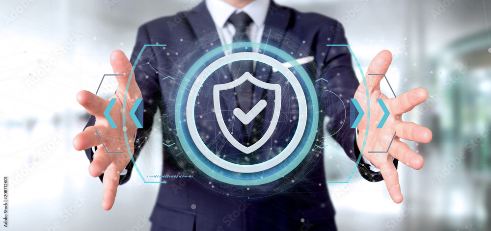 Fototapeta premium Man holding a Shield web security concept 3d rendering