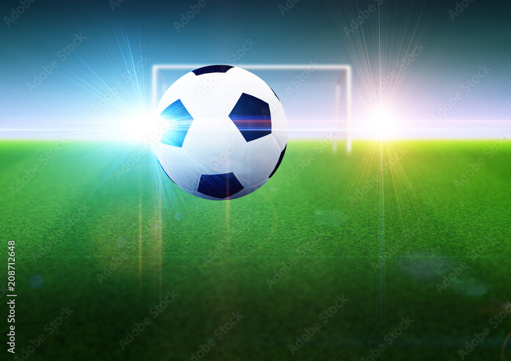 Naklejka premium Soccer ball and goal on field