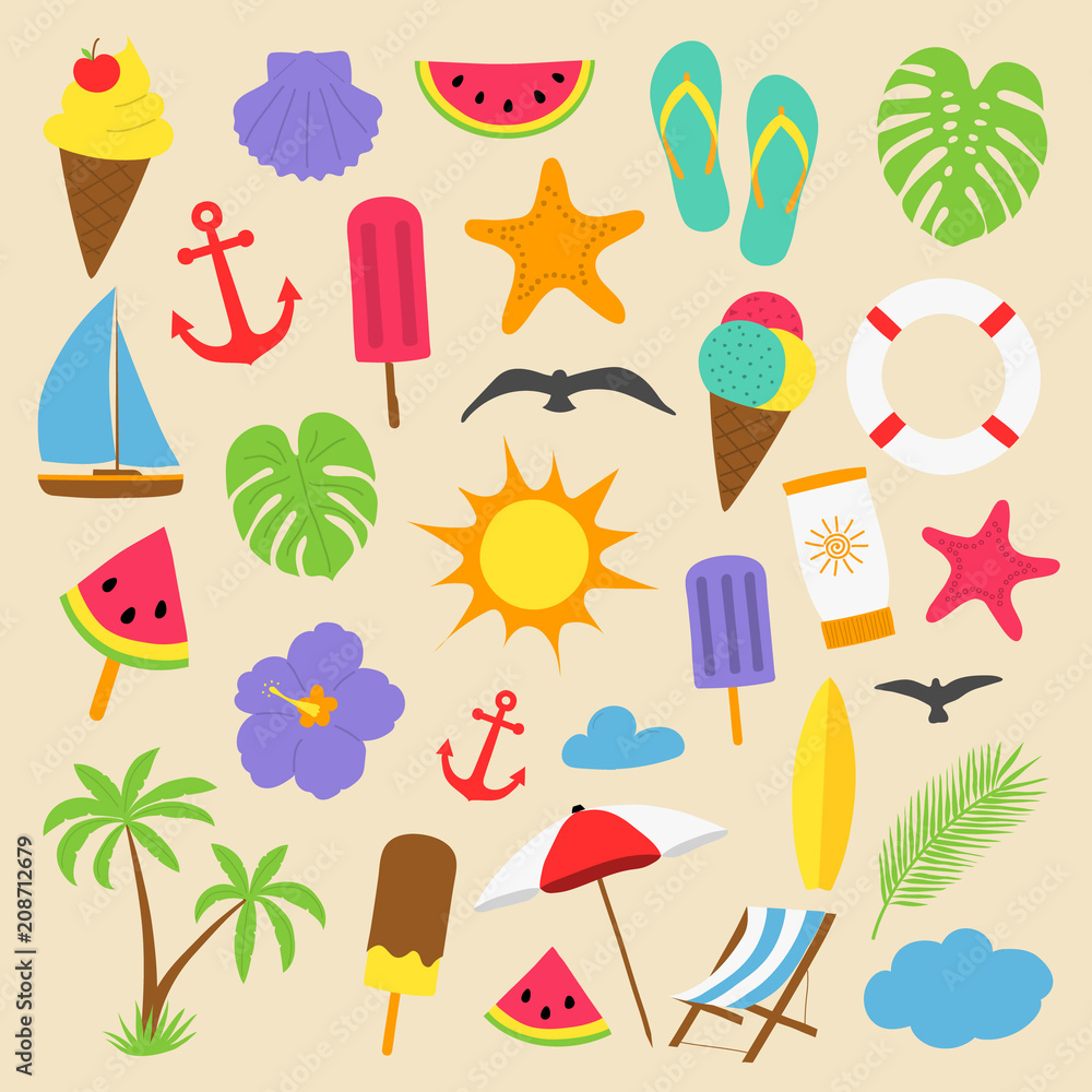 Collection of summer icons. Vector.
