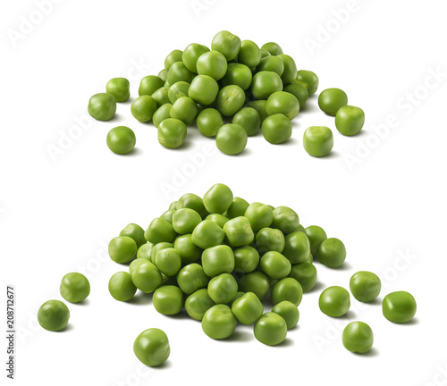 Green peas pile set isolated on white background photo