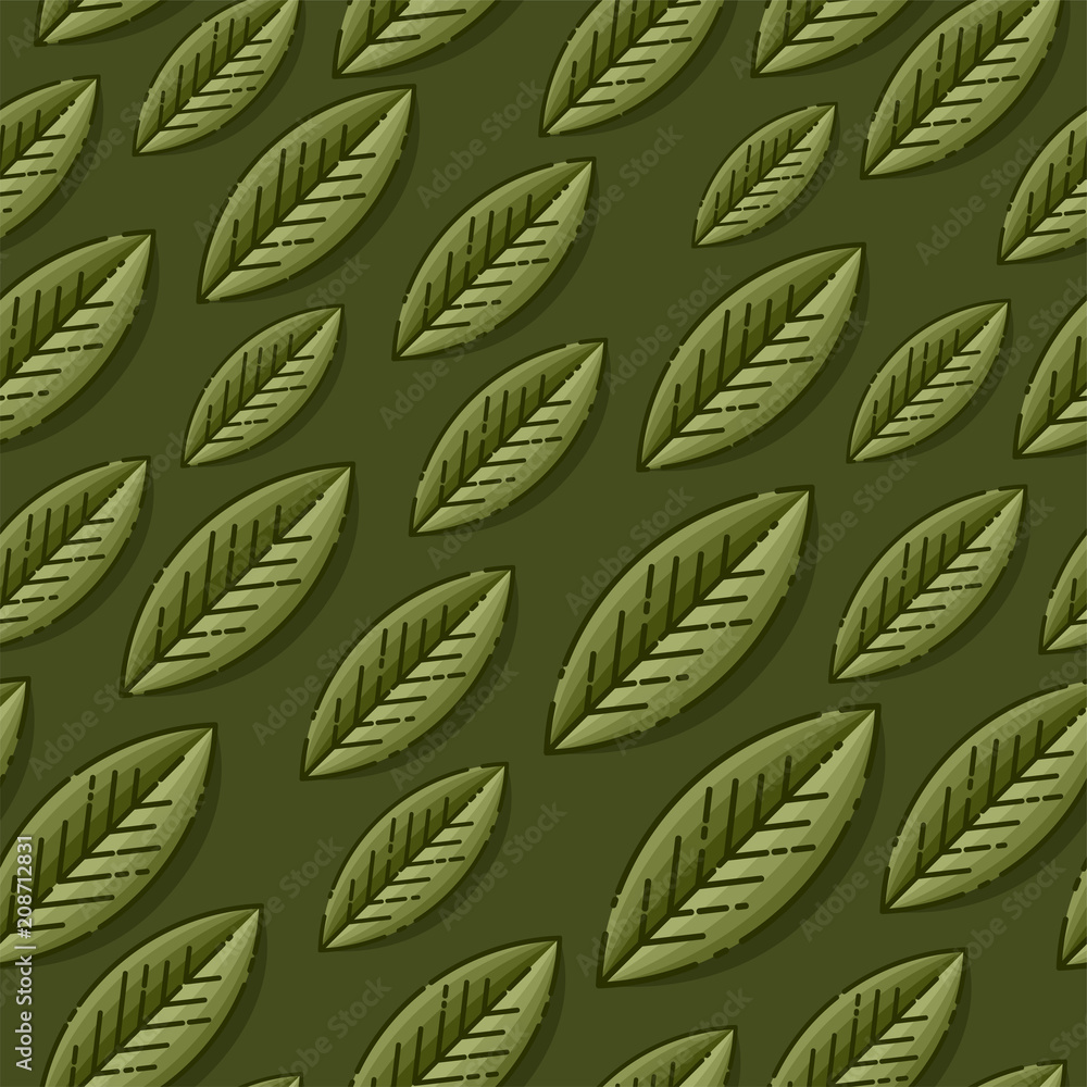 Vector seamless pattern with leaf on dark green background. Template for wallpapers, site background, print design, cards, menu design, invitation. Summer and autumn theme. Vector illustration.