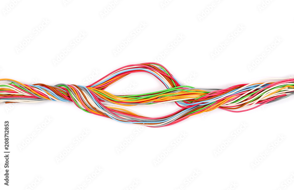 Telecommunication network cables isolated on white background, with clipping path, top view
