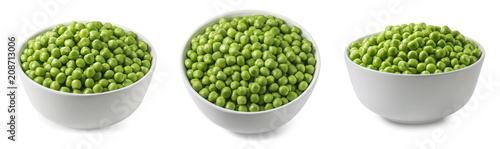 Green peas in white bowl set isolated on white background photo