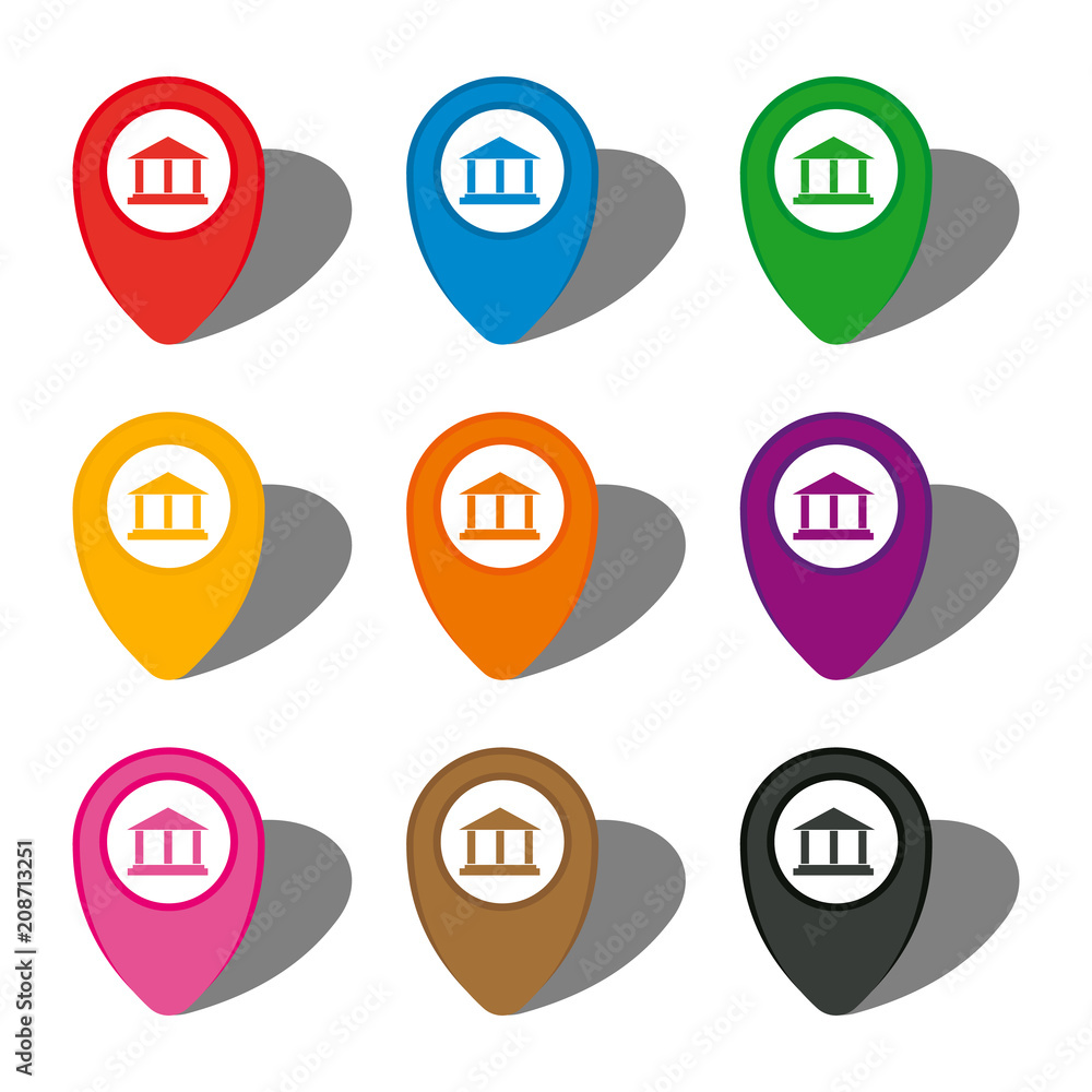 Set of nine colorful map pointers with showplace sign in white circle and with shadow. Vector illustration
Set of nine colorful map pointers with showplace sign in white circle and with shadow. Vector illustration