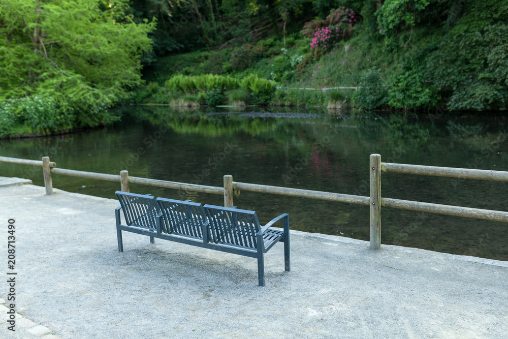 Fototapeta premium metall bench on the lake shore, on a background of green forest