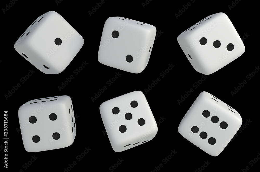Set of white dice with black dots isolated on black Set of white dice with black dots isolated on black