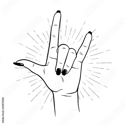 Hand drawn female hand in rock gesture. Flash tattoo, blackwork, sticker, patch or print design vector illustration