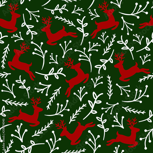 Reindeer Seamless Pattern with Floral  Christmas Background  Vector illustration