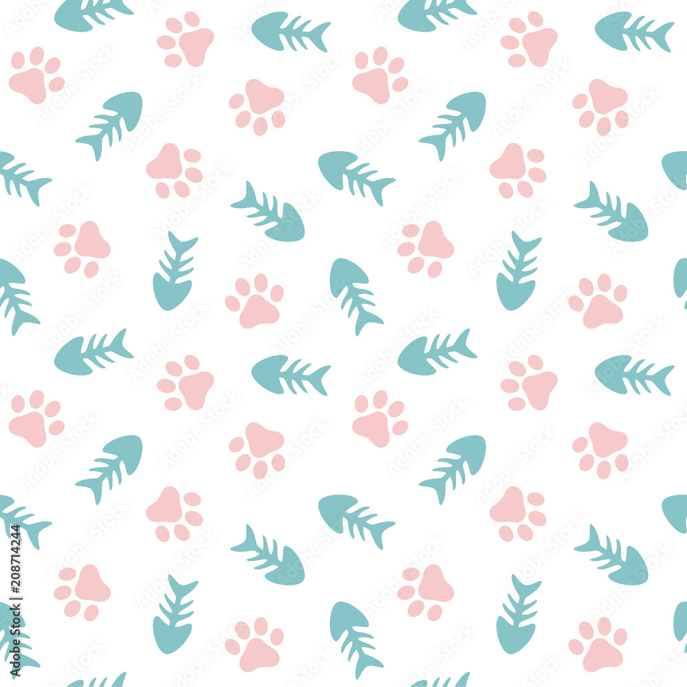 Fish and Pet Paw Seamless Pattern Background, Cat and Fish Bone Vector Illustration Fish and Pet Paw Seamless Pattern Background, Cat and Fish Bone Vector Illustration