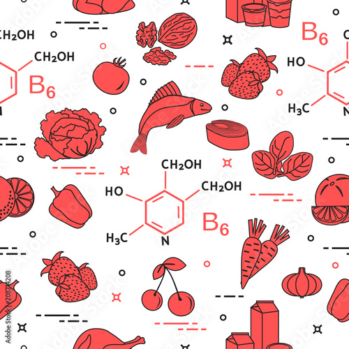 Seamless pattern with foods rich in vitamin B6.