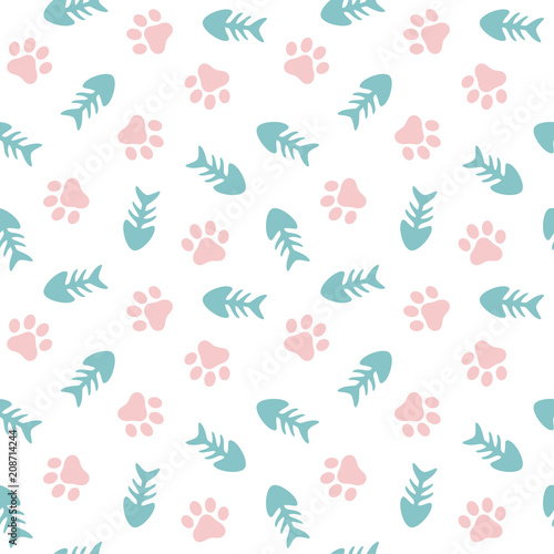 Wallpaper Mural Fish and Pet Paw Seamless Pattern Background, Cat and Fish Bone Vector Illustration Torontodigital.ca
