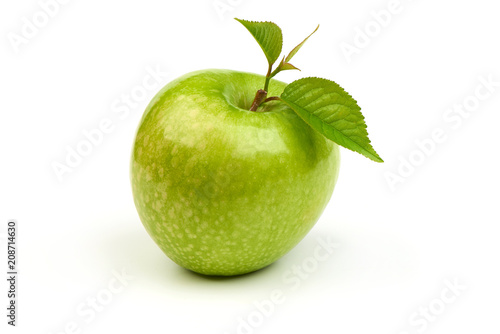 Green apple granny smith with leaf, isolated on white background.