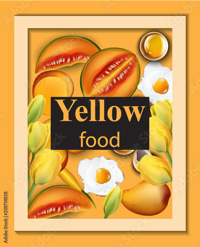 Yellow food set. Melon, eggs and fruits Vector