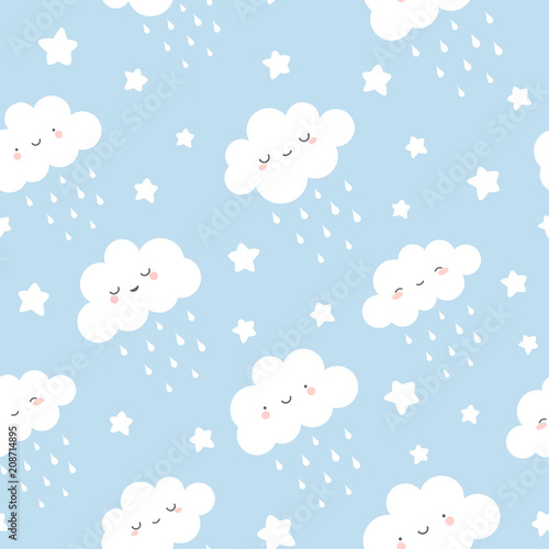 Cute clouds with rain drops seamless pattern  cartoon background with star dots  vector illustration