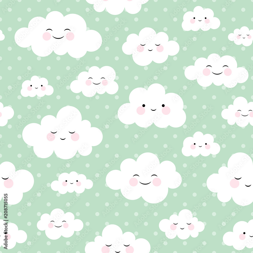 Cute Cartoon Face Cloud Seamless Pattern Background with Dot, Vector illustration Cute Cartoon Face Cloud Seamless Pattern Background with Dot, Vector illustration