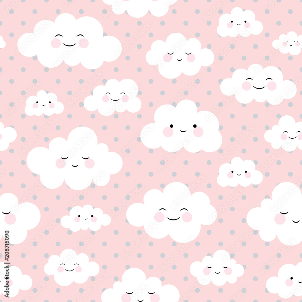 Cute Cartoon Face Cloud Seamless Pattern Background with Dot, Vector illustration Cute Cartoon Face Cloud Seamless Pattern Background with Dot, Vector illustration