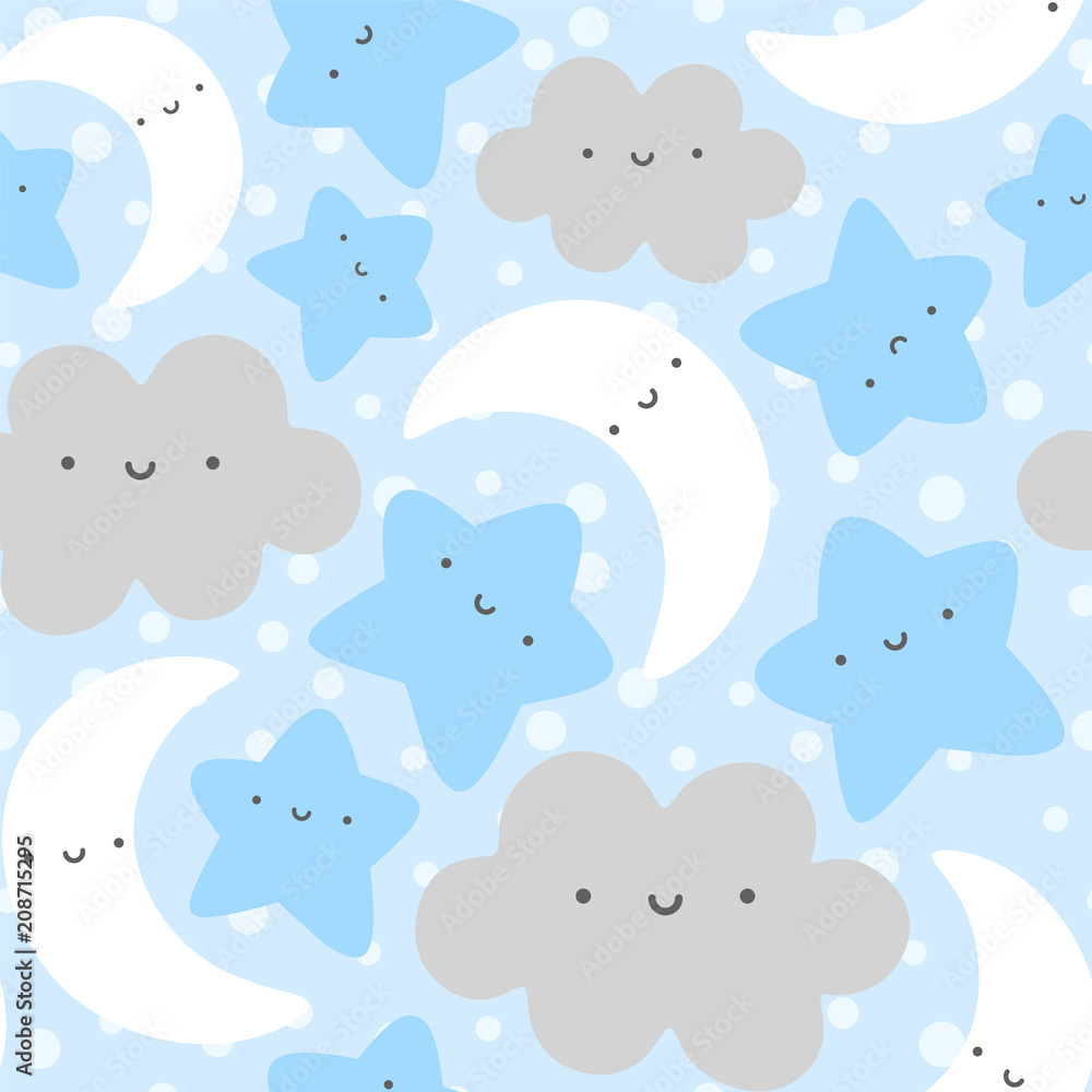 Moon, Cloud and Stars Cute Seamless Pattern, Cartoon Vector Illustration Background