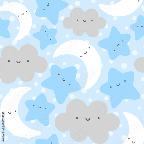 Moon  Cloud and Stars Cute Seamless Pattern  Cartoon Vector Illustration Background