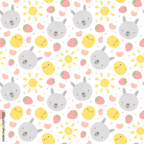 Cartoon Bunny and Cute Chick Seamless Pattern, Easter or Kid Vector Illustration Background with Strawberry