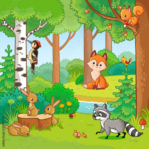 Vector illustration with cartoon animals in the forest. Picture in the childrens style. Set of animals. #208715643