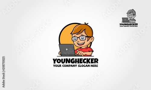 Young Hacker Logo Cartoon Mascot. Vector logo illustration. Vector cartoon working with his laptop. A cute and Smart Mascot Boy / Character for your web design needs.