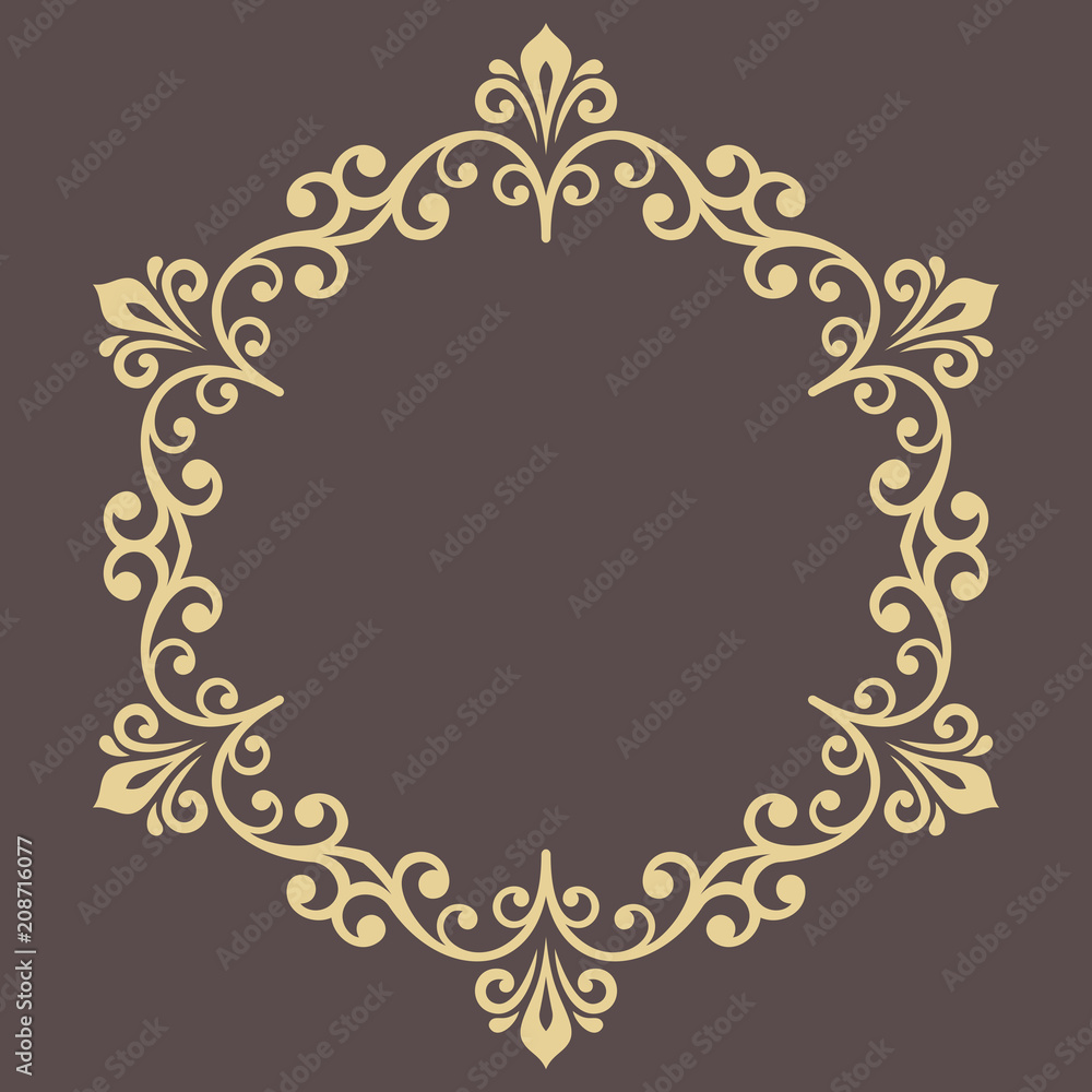 Oriental round golden frame with arabesques and floral elements. Floral border with vintage pattern. Greeting card with place for text