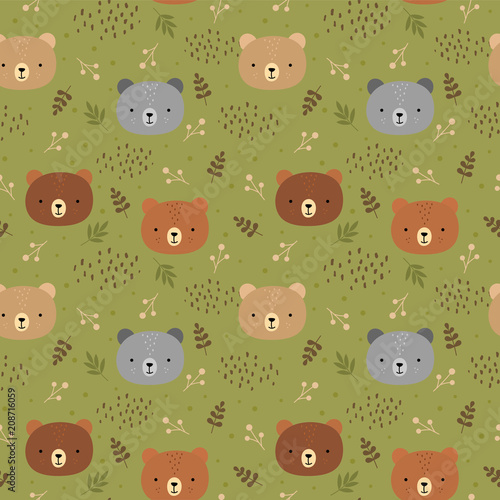 Fototapeta Naklejka Na Ścianę i Meble -  Cute teddy bears background, seamless pattern, hand drawn forest, vector illustration