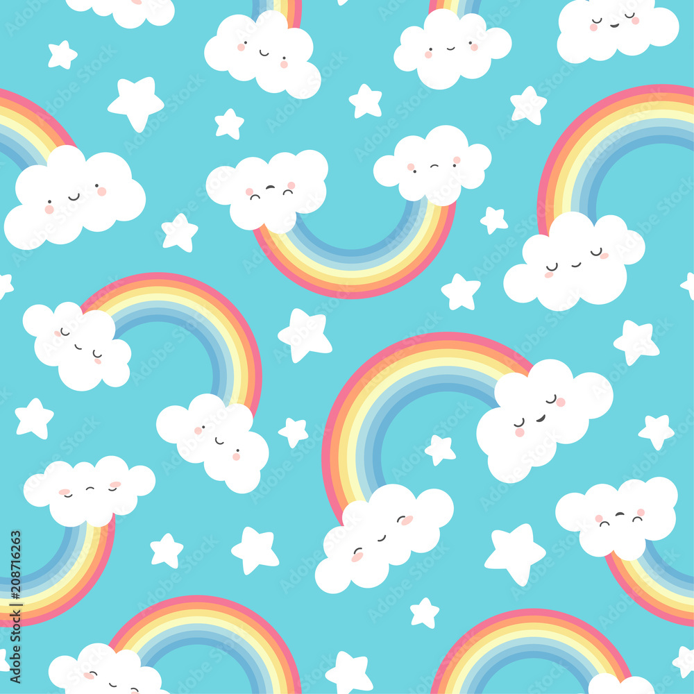 Cute Cloud Background with Rainbow Seamless Pattern, Cartoon Vector Illustration for Kid Cute Cloud Background with Rainbow Seamless Pattern, Cartoon Vector Illustration for Kid
