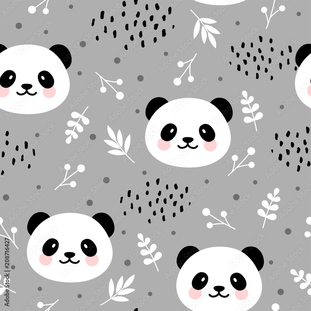 Naklejka premium Ładny wzór pandy, ręcznie rysowane tła lasu z kwiatami i kropkami, ilustracji wektorowych