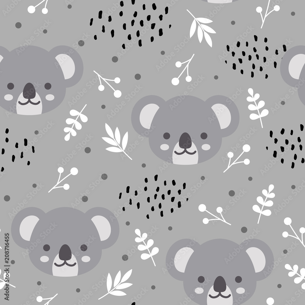 Naklejka premium Wzór ładny koala, ręcznie rysowane tła lasu z kwiatami i kropkami, ilustracji wektorowych