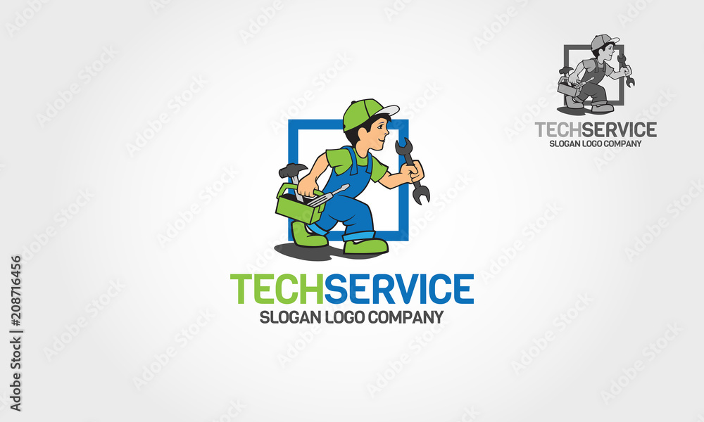 Tech Service Vector Logo Cartoon. Handyman Services Emblem for Your Company.